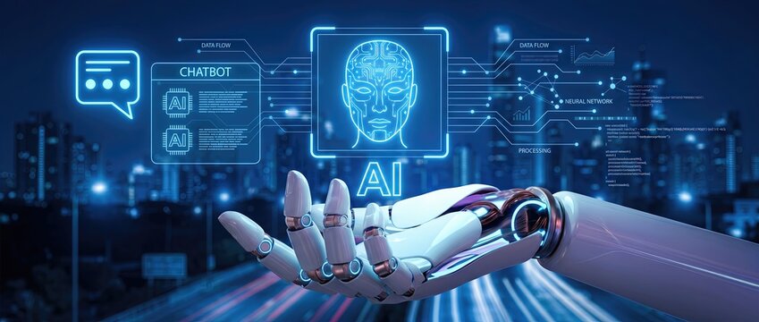 A futuristic robotic hand extends towards a vibrant city skyline at night showcasing an advanced artificial intelligence interface filled with chatbots and data analytics.