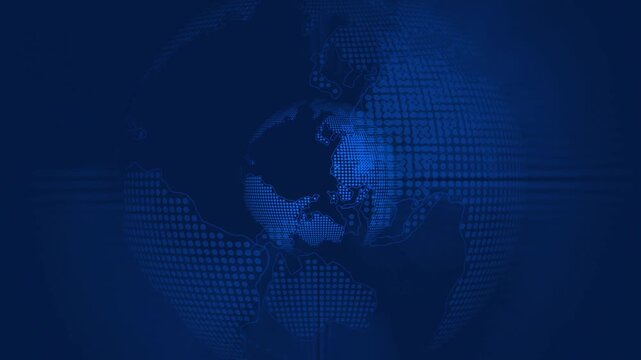 Blue digital world globe background rotates cleanly across dark grid. International telecommunication decks deploy digital globe. Digital world globe matrices turn fast.