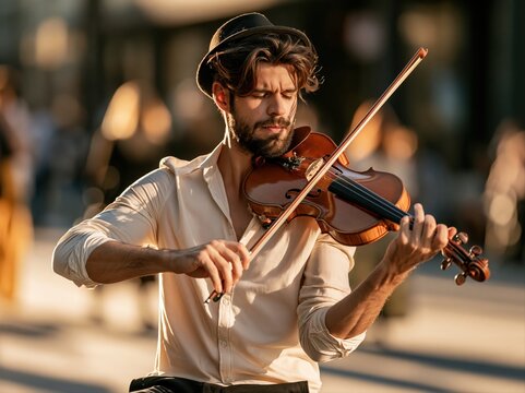 Musician plays violin on a busy street during golden hour with people walking in the background