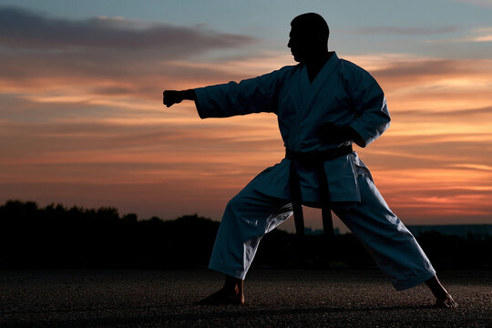 Karate practice at sunset near a city landscape