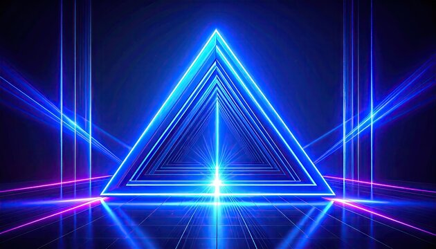 Layered blue and pink neon concentric triangle frame.