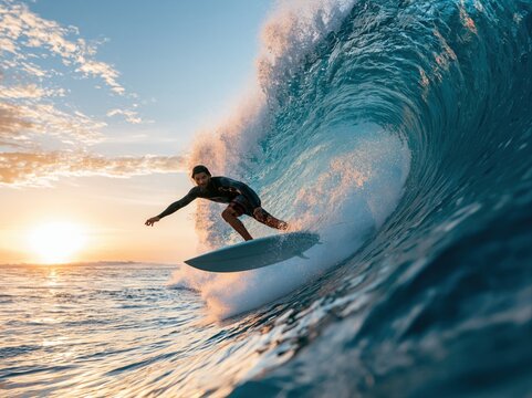 Surfer rides a wave during sunset at a beach