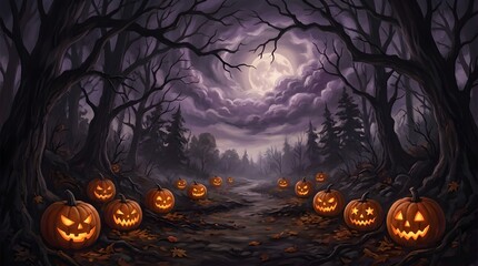 Fototapeta premium A spooky halloween night scene with illuminated jack o' lanterns lining a path towards a haunted mansion