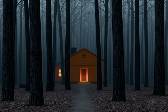 House in the woods at night with dim light shining