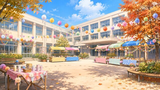 秋晴れの青空の下でカラフルな模擬店や手作りの紙飾りがデコレーションされた学校の中庭