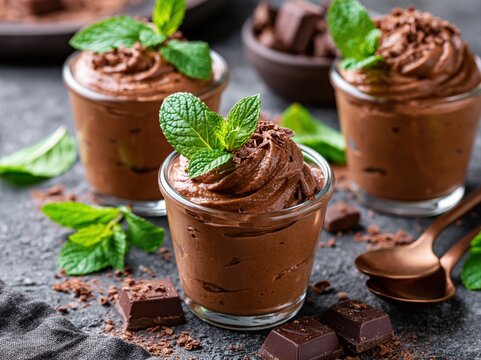 Chocolate mousse dessert served in glasses with mint leaves and chocolate pieces on a dark table