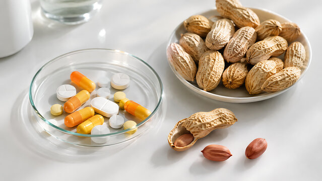 Flat lay view of allergy medicine capsules and tablets in glass plate alongside whole and cracked peanuts on clean white surface, peanut food allergy concept still life with copy space for medical com