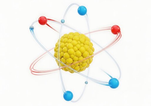 A model of an atom with colorful electrons and protons