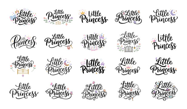 Collection of twenty unique little princess hand lettering designs with cute decorative elements for baby girl nursery wall art