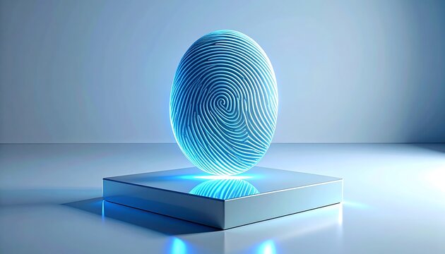 Glowing blue biometric fingerprint egg floating over a reflective pedestal 3D render for cybersecurity and digital identity