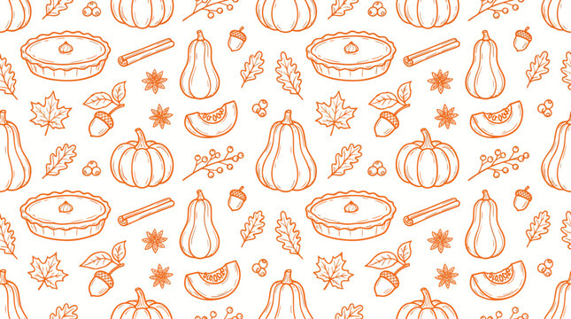 Autumn pumpkin and gourd pattern in orange line art featuring pumpkins, gourds, leaves, and seeds for seasonal design