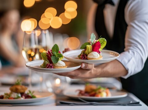Waiter serves desserts at a fine dining restaurant during an evening with soft lights in the background