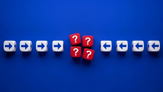 Conceptual image of a group of white cubes with arrows pointing in opposite directions and red cubes with question marks in the middle