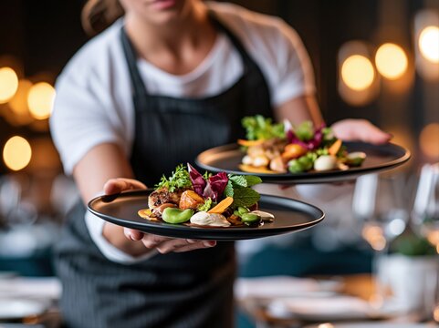 Waiter serves two plates of food in a restaurant during an evening meal
