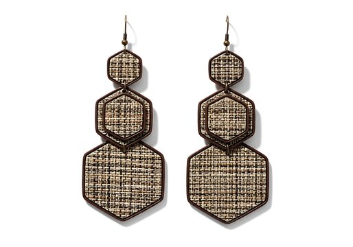 A pair of brown and gold earrings on a white background
