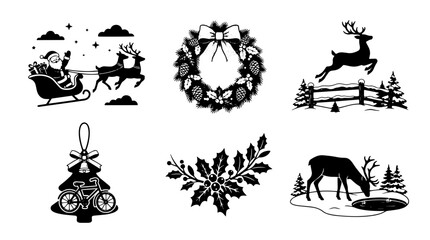 Fototapeta premium Vintage Christmas silhouette icons, 6 black holiday vector elements, rustic winter reindeer and Santa illustrations for festive decor isolated on Transparent Background