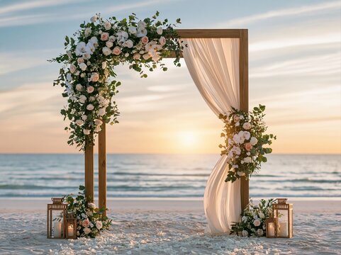 Sunset wedding arch by the beach with flowers and lanterns