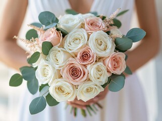 Fototapeta premium Bride holding a bouquet with pink and white roses in a sunny garden