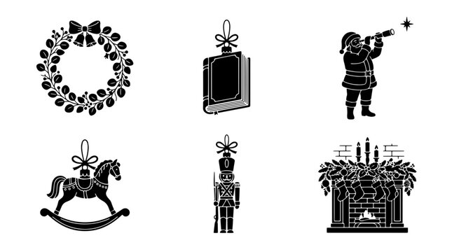 Vintage Christmas icons set, black silhouette holiday elements, 6 vector illustrations including Santa and nutcracker isolated on Transparent Background