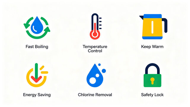 Electric kettle function icon, representing rapid boiling temperature control, chlorine removal, and temperature locking, suitable for kettle e-commerce details and product introduction pages.
