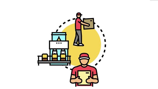 Artisan bread courier delivering packages to customers, with a logistics worker managing orders, food delivery and online shipping concepts