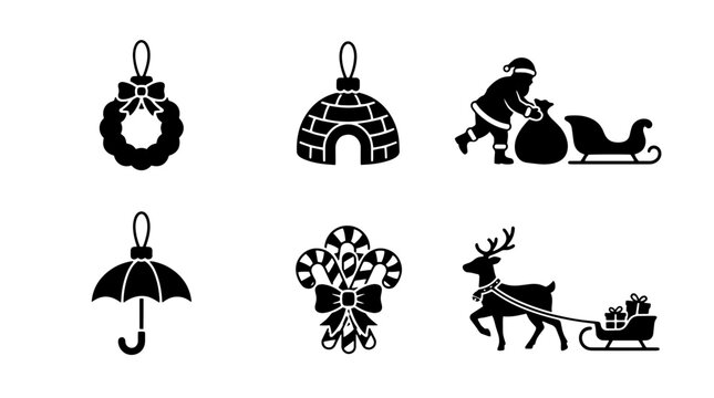 Christmas silhouette icons set, black winter holiday vector symbols, 6 festive ornaments and Santa Claus illustrations isolated on Transparent Background