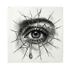 Obraz premium Charcoal drawing of a human eye behind cracked glass with a single tear drop isolated on transparent background