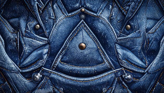 Abstract geometric pattern with denim texture and metallic studs, symmetrical design