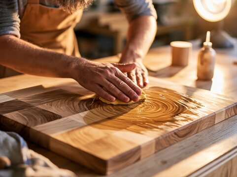 Woodworker applies finish to a wooden cutting board in a workshop during the day