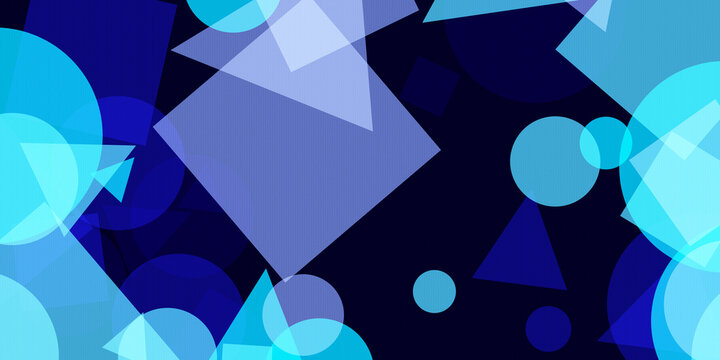 Modern abstract geometric shapes in blue tones with overlapping forms and gradient overlays on a dark background