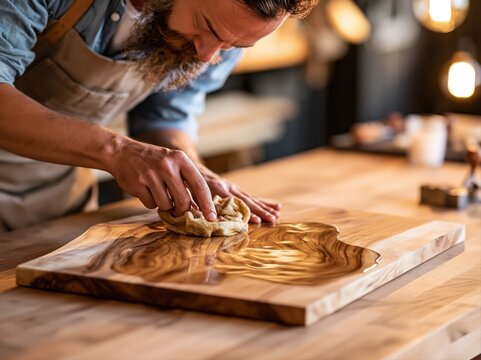 Craftsman works on wooden surface in workshop using cloth to finish surface