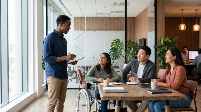 Colleague stands by a table presenting notes to three coworkers, including a wheelchair user, in a modern office lounge with coffee mugs, laptop, tablet, and plants