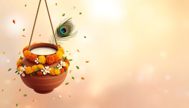 Decorated Earthen Pot Display with Floral Garland Peacock Feather for Krishna Janmashtami Traditional Festive Cultural Background Banner Layout.