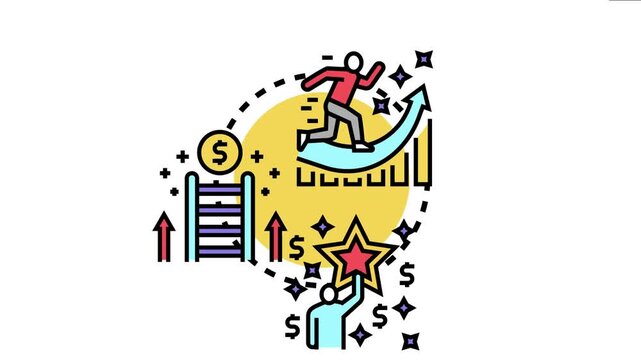 Person career development path, successfully reaching goals, climbing organizational hierarchy, and striving for professional growth, recognition, and financial reward