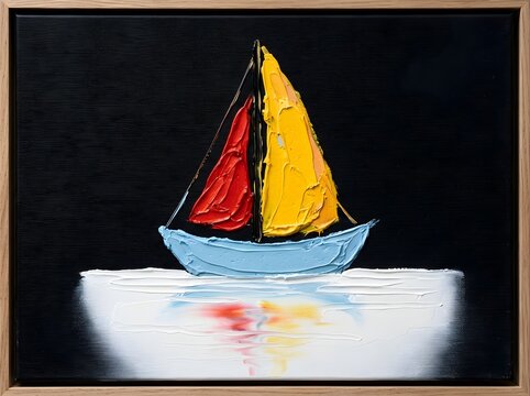 Oil painting of a sailboat with red and yellow sails on a dark background