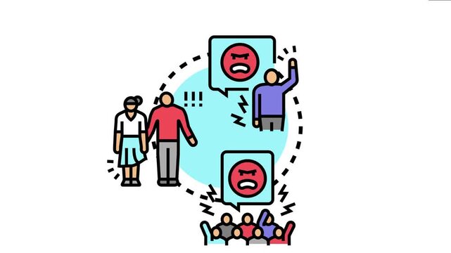 People expressing anger and aggressive speech towards an individual or couple, symbolizing concepts of bullying, mob mentality, public condemnation, and societal pressure