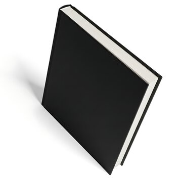 A black book with white pages on a plain white background