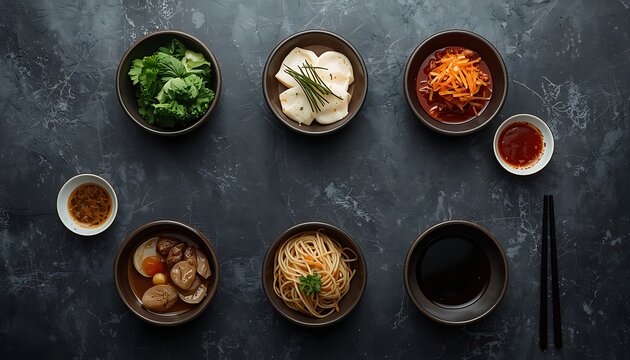 A traditional Korean meal featuring an assortment of banchan side dishes and soups arranged neatly on a dark surface