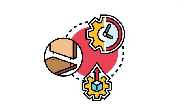 Icon depicting the concept of assembling portable pieces, showing a gear clock for efficiency, connecting wood pieces for construction, and a cube elevating for problem solving