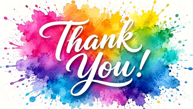 Thank you message in white script font on colorful watercolor splash background