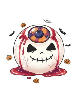 A spooky yet playful Halloween illustration of a giant monster eyeball with a stitched smile, dripping with red glossy syrup, surrounded by tiny jack-o'-lantern pumpkins and flying bats on a white bac