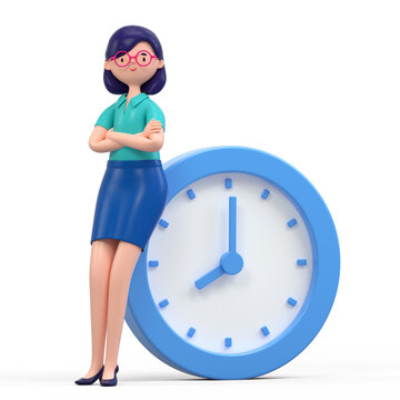 A woman stands next to a large clock
