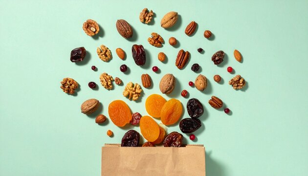 assorted dried fruits and nuts exploding from paper bag on light green background top view