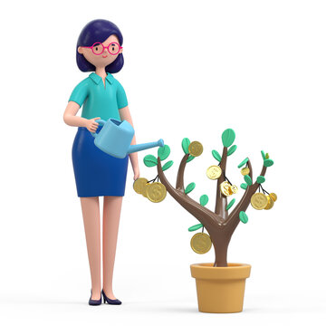 A woman waters a money tree with coins