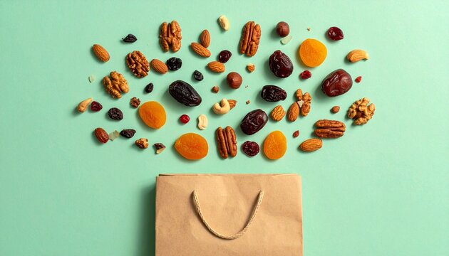 top view of healthy mixed nuts, dried fruits, dates and raisins flying out of craft paper shopping bag on mint green background for healthy snack and food shopping concept