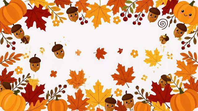 Animated falling autumn leaves, pumpkins, and acorns border with cute faces, fall season celebration motion graphic