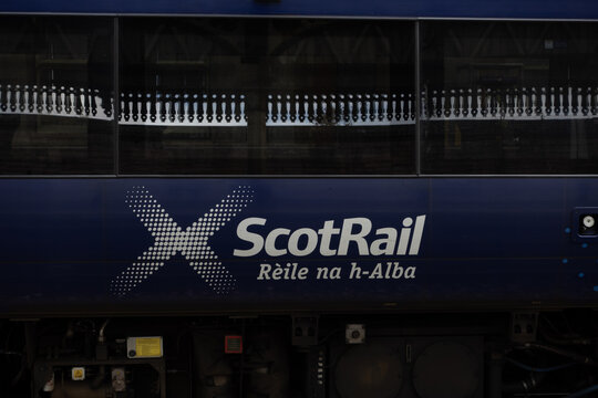 Perth, Scotland - July  22, 2026: ScotRail train side featuring the white logo and name of the company