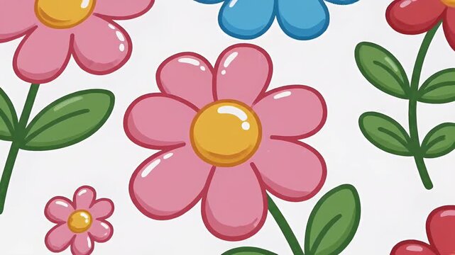 Seamless pattern of cute cartoon flowers blooming, cheerful floral illustration, playful spring design, happy summer vibe, colorful petal shapes