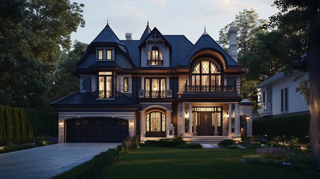 Classic Victorian townhouse an ornate front elevation CAD dimensions and a quaint lawn with a classic entrance and garage