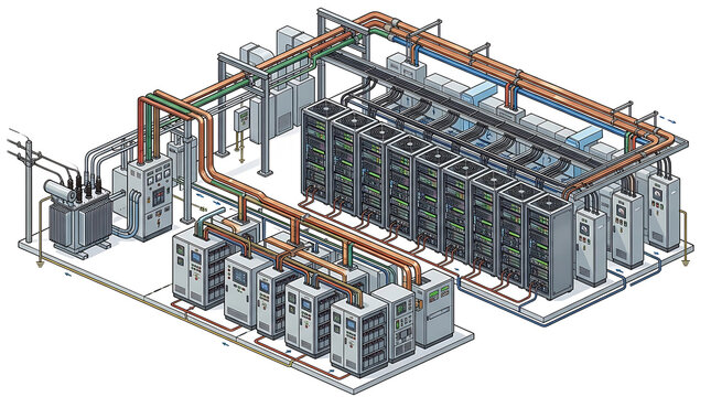 Enterprise AI data center power system with multiple GPU server racks, transformers, electrical switchgear, busbars, power distribution units and backup batteries, clean isolated illustration on white